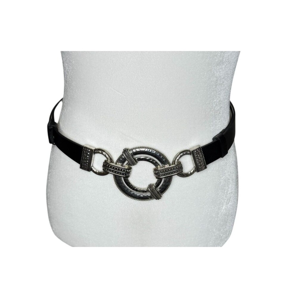 Chico's Black Leather Adjustable Belt Silver Hook Buckle Size M/L Retro Y2K